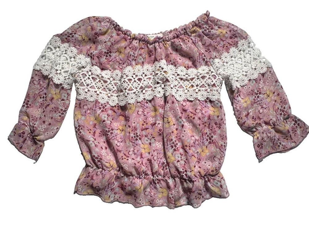Beautees Girls Floral Off Shoulder Lace Peasant Blouse Pink Size S